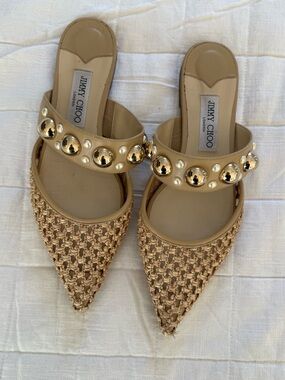 Jimmy Choo Natural Raffia Pointed Slide with Gold and Pearl Studs